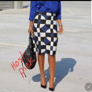 J CREW NO. 2 PENCIL wool silk blue black white geometric print lined skirt 00P